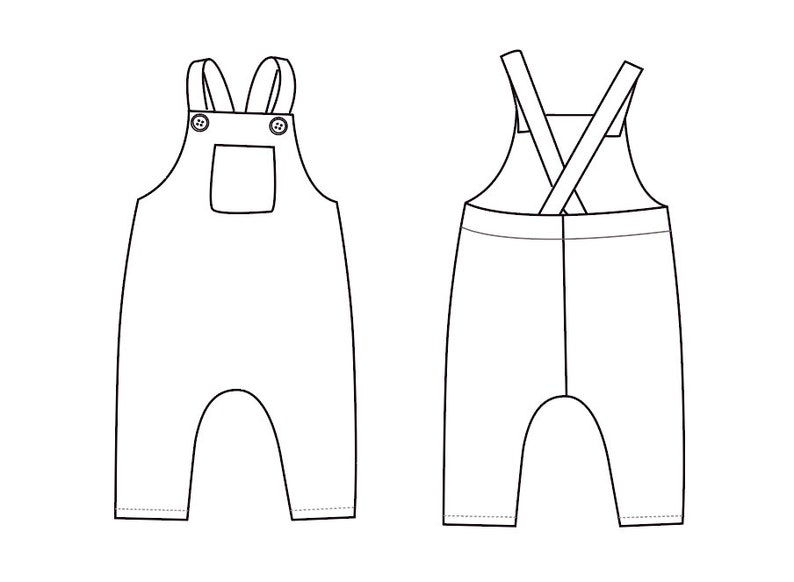 May include: A black and white line drawing of overalls with straps that cross in the back. The overalls have a pocket on the front.