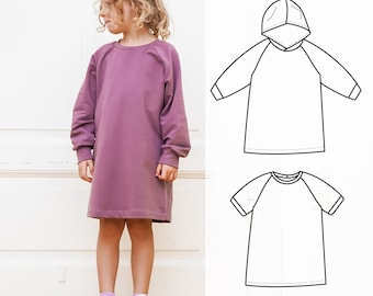 May include: A young person wearing a long-sleeved, mauve-colored dress with white sneakers. The image also shows two line drawings of the dress, one with a hood and long sleeves, and another with short sleeves.