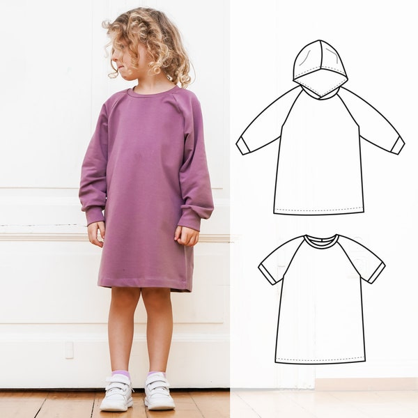 Hoodie dress sewing pattern for children, Raglan kids dress with an optional hoods, sizing - baby to 10 years, Girls sweatshirt dress