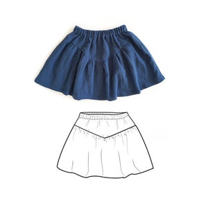 May include: A blue denim skirt with a gathered ruffle detail. The skirt has an elastic waistband and a relaxed fit.