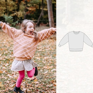 May include: A young girl wearing a pink and white striped long-sleeved shirt, a black and white polka dot skirt, and pink tights is jumping in a pile of autumn leaves. She is smiling and has her arms outstretched.