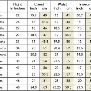 May include: A chart showing clothing sizes for babies and toddlers, with measurements in inches and centimeters. The chart includes size, age, height, chest, waist, inseam, and head measurements.