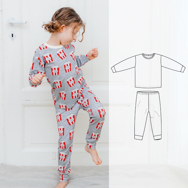 Kinder Pyjama Set Schnittmuster, Neugeborenes bis 12 Jahre, Kinder T-Shirt und Hose Schnittmuster, Lounge Set Schnittmuster