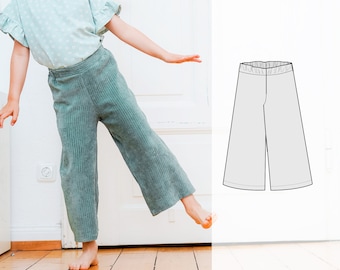 Cropped culotte pants pattern for children, kids wide leg pants sewing pattern, 1 to 12 years