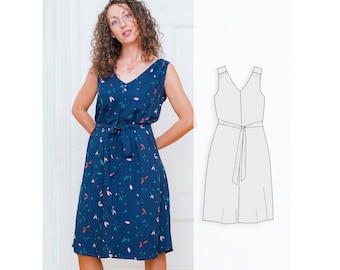 Milena dress, v-neck dress with a central seam sewing pattern for women with inclusive sizing