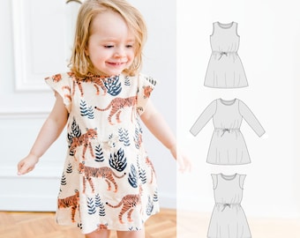 May include: A young girl wearing a white dress with a tiger print. The dress has a ruffled neckline and short sleeves. The dress is cinched at the waist with a drawstring. The girl is standing on a wooden floor. The image also includes three line drawings of dresses with different sleeve styles.