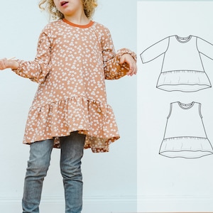 子供用ハイローチュニックの縫製パターン、新生児から12歳まで、女の子のチュニックトップのパターン、子供用ドレスのパターン。0歳から12歳まで