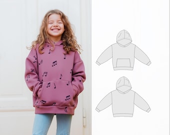 Patroon oversized hoodie voor kinderen, 0 tot 12 jaar, pdf-naaipatroon en tutorial