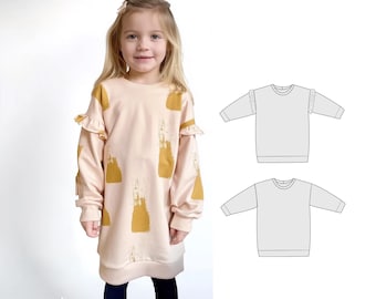 Girls dress pattern, Cozy sweatshirt dress sewing pattern, ruffled sweatshirt dress, trendy dropped sleeves girls dress