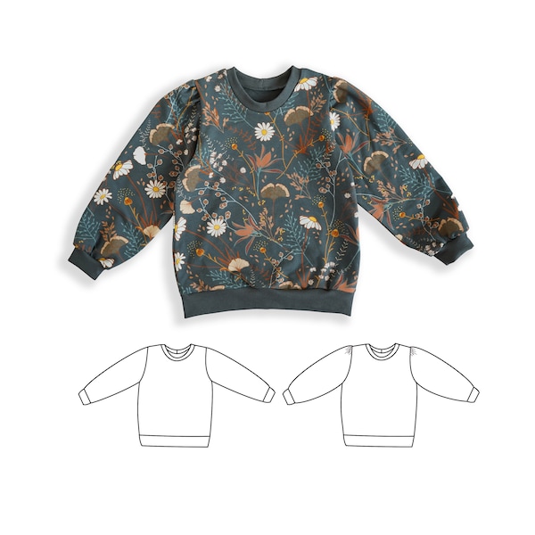 Motif de couture de sweat-shirt pour enfants, taille 0-12 ans, sweat-shirt à manches bouffantes pour enfants, motif de sweat-shirt à col rond pour enfant