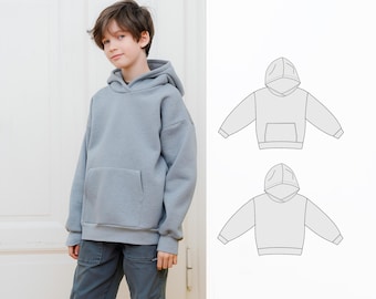 Patroon oversized hoodie voor kinderen, 0 tot 12 jaar, pdf-naaipatroon en tutorial