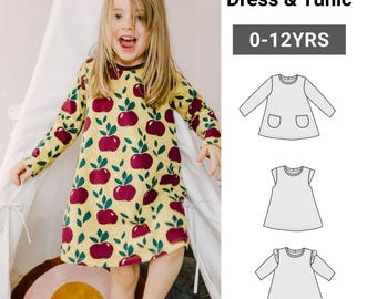 Patroon voor een T-shirtjurk voor meisjes, 0-12 jaar, basispatroon voor een tuniek en jurk