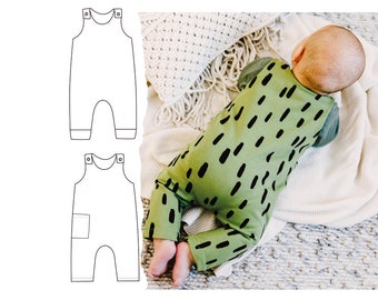 Baby romper pattern, One piece sewing pattern Newborn - 5years, dungaree pattern for knit fabrics