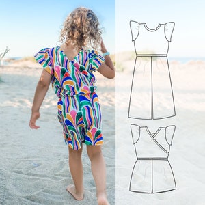 Girl&#39;s jumpsuit sewing pattern, wide leg pattern print at home and easy to sew, wrap back  jumpsuit pattern- up to 10 years