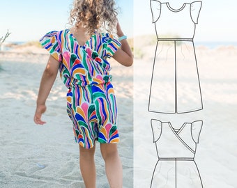 Girl's jumpsuit sewing pattern, wide leg pattern print at home and easy to sew, wrap back  jumpsuit pattern- up to 10 years