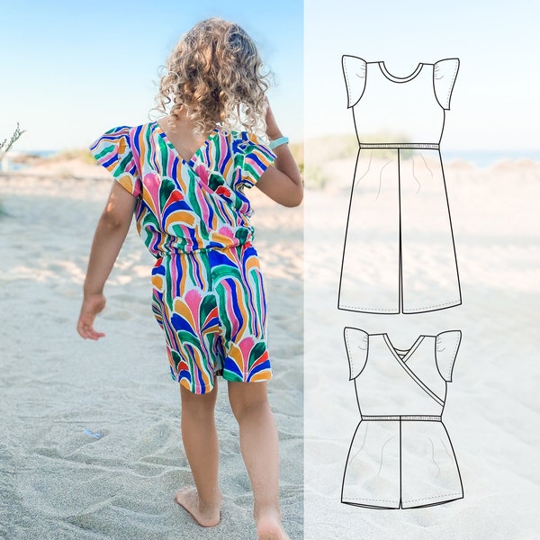 Girl's jumpsuit sewing pattern, wide leg pattern print at home and easy to sew, wrap back  jumpsuit pattern- up to 10 years