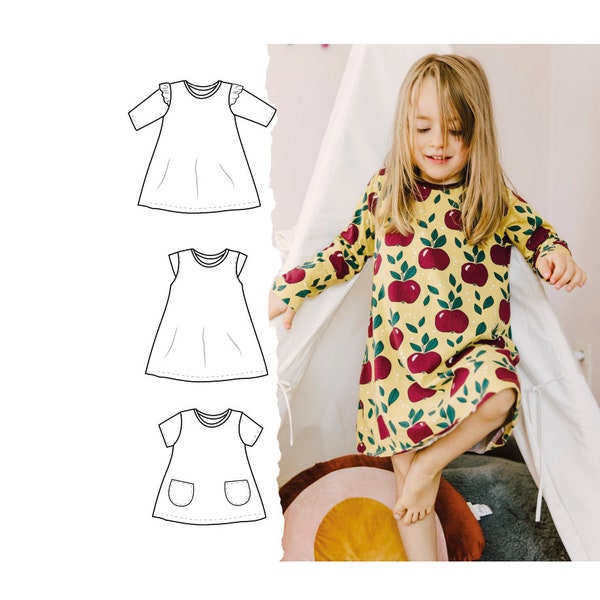 Girls t-shirt dress pattern, 0-12 years, Basic tunic and dress pattern