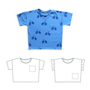 Modello di maglietta boxy, modello di t-shirt per bambini t-shirt oversize per bambini modello da cucito, patter tascabile per t-shirt, modello di cucito digitale a volant