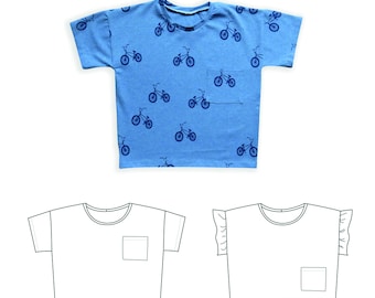 Boxy tee pattern, baby t-shirt pattern toddler oversized t-shirt sewing pattern, pocket t-shirt patter, ruffle sleeve digital sewing pattern