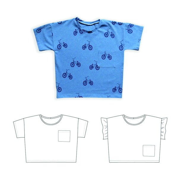 Boxy T-Shirt Muster, Baby T-Shirt Muster Kleinkind oversized T-Shirt Schnittmuster, Tasche T-Shirt Patter, Rüschenärmel digitales Schnittmuster