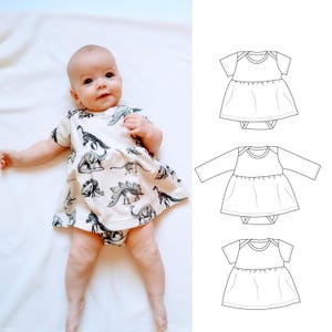 Könnte beinhalten: Ein Baby in einem cremefarbenen Strampler mit Dinosaurier-Muster. Der Strampler hat kurze Ärmel und einen Rockteil. Das Baby liegt auf einer weißen Oberfläche. Strichzeichnungen des Stramplers sind ebenfalls abgebildet.