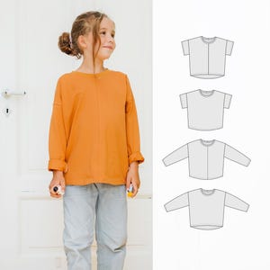 Puede incluir: Una persona joven con una camisa naranja de manga larga y pantalones azul claro. La camisa tiene un corte holgado con mangas dobladas. La imagen también incluye un diagrama de varios estilos de camisa, incluyendo opciones de manga corta y larga.