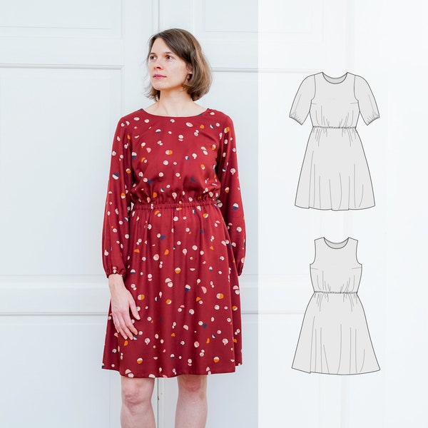 Rila dress, sewing pattern for a woman's dress with an elastic waist, easy woven dress pattern