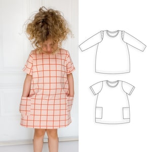 Girl's dress sewing pattern, T-shirt dress pattern for kids, Tulip dress - 3 months to 10 years, Child's dress with ruffle sleeve