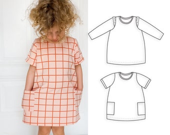 Girl's dress sewing pattern, T-shirt dress pattern for kids, Tulip dress - 3 months to 10 years, Child's dress with ruffle sleeve