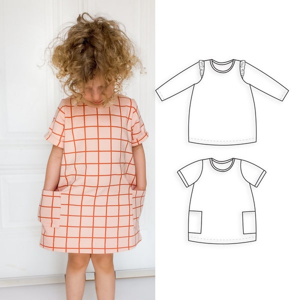 Mädchenkleid Schnittmuster, T-Shirt Schnittmuster für Kinder, Tulpenkleid - 3 Monate bis 10 Jahre, Kinderkleid mit Rüschenärmel