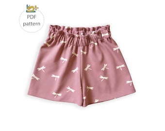Paper bag shorts pattern, girl's short sewing pattern, kids shorts pattern, woven shorts pattern, sewing pattern for kids shorts