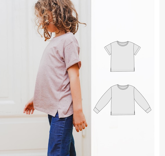 Children's T-shirt pattern, sewing pattern for casual kids tee with side vents, rolled sleeve T-shirt pattern