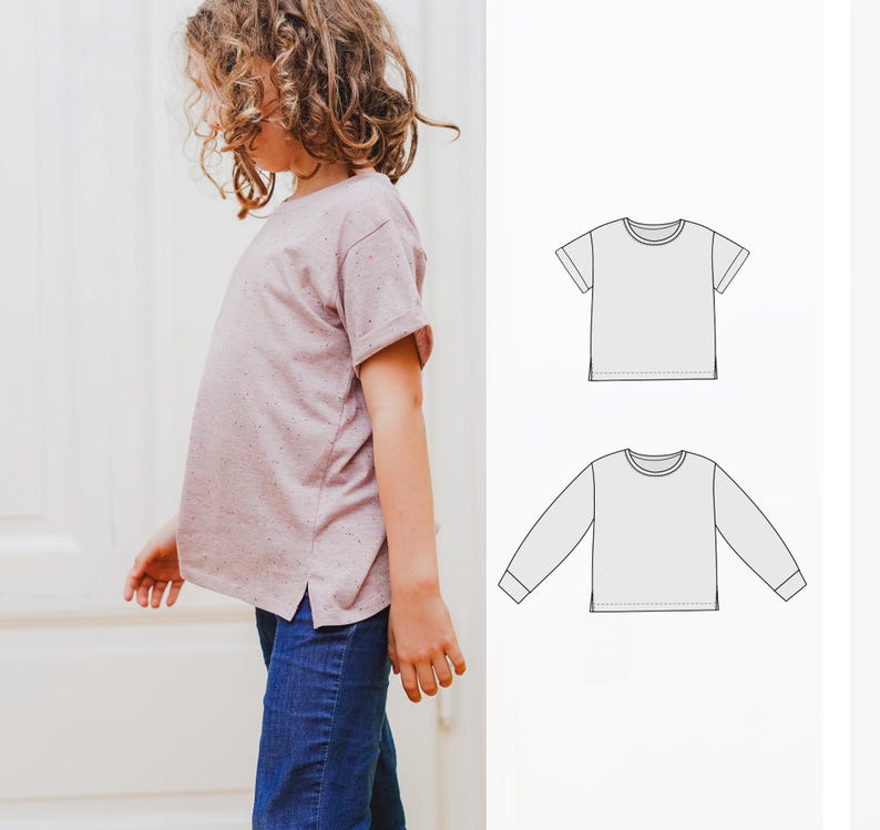 Puede incluir: Una ni&ntilde;a lleva una camiseta malva con aberturas laterales y pantalones vaqueros azules. Dos dibujos lineales de camisetas se muestran sobre un fondo blanco. El dibujo superior muestra una camiseta de manga corta. El dibujo inferior muestra una camiseta de manga larga.