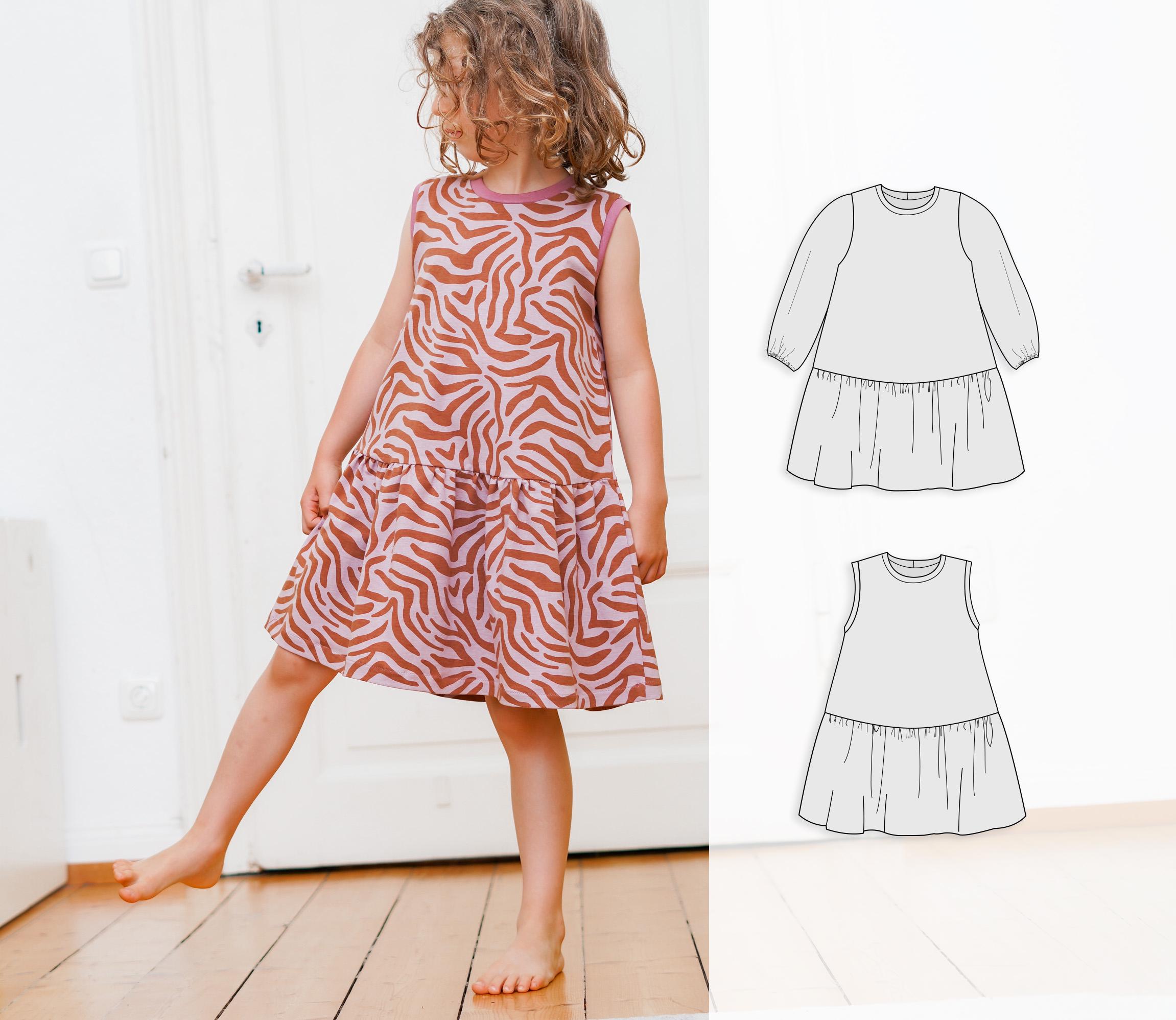 Low waist dress, girl's dress sewing pattern, dropped waist dress, sweatshirt dress, 0to 12 years, digital sewing pattern, tank dress