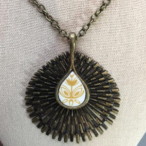 Antique Bronze Burst Corelle Golden Butterfly Pendant Necklace, Broken China Jewelry, Corelle Large Pendant, Corelle Pendant Necklace,