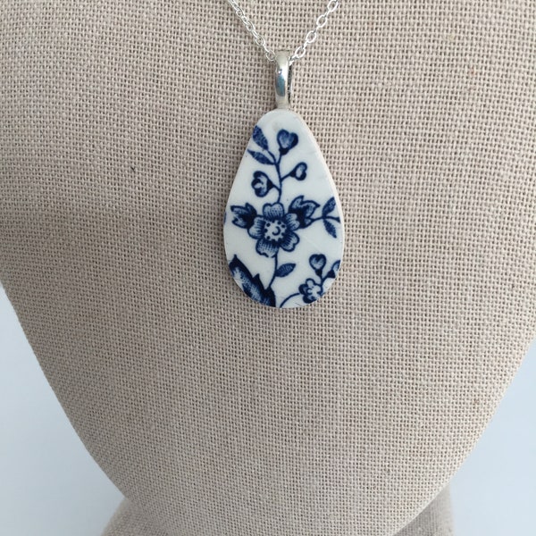 Ironstone Blue Carnation Pattern , Broken Plate Necklace, Broken China Jewelry, Vintage China