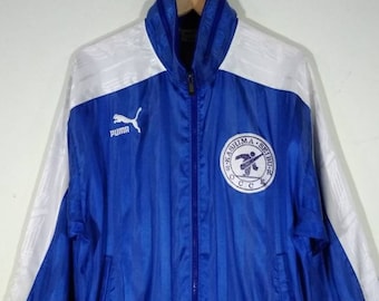 Vintage Puma Big Logo Soccer Windbreaker Jacket Blue Hidden Hood Zipper Jacket / Coat / Parka Size M