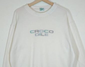 90's Crocodile Embroidery Spellout Logo White Vintage Sweatshirt | Sweater | Jumper | Cardigan Size L