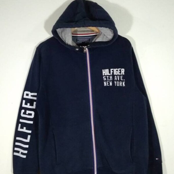 Hilfiger Big Logo Spellout Hoodie Full Zip Blue Sweatshirt / Sweater / Jumper / Cardigan Size M