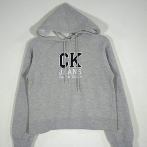 CK Calvin Klein Jeans Hoodie Embroidered Logo Pullover Gray Hooded Vintage Sweatshirt | Sweater | Jumper | Cardigan Size S