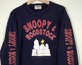 ¡Extraordinario! Sudadera azul vintage de cuello redondo con logo grande de Snoopy y Woodstock de Peanuts, talla L