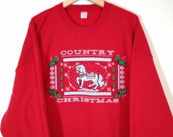 Vintage 80's Country Christmas Ugly Red 50/50 Poly-Cotton Blend Crewneck Pullover Oversized Sweatshirt |Sweater |Jumper Size XXL Made in USA