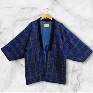 Japanese Kimono Blue Abstract Pattern Hanten Padded Warm Winter Jacket Noragi Coat Cardigan Kimono Robe Short Sleeve
