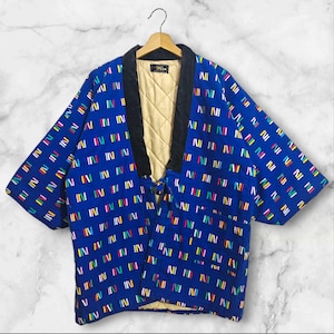 Japanese Kimono Blue Abstract Pattern Hanten Padded Warm Winter Jacket Noragi Coat Cardigan Kimono Robe Short Sleeve