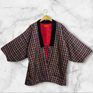 Japanese Kimono Blue Abstract Pattern Hanten Padded Warm Winter Jacket Noragi Coat Cardigan Kimono Robe Short Sleeve