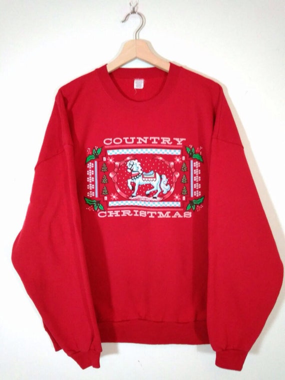 Vintage 80's Country Christmas Ugly Red 50/50 Poly-Cotton Blend Crewneck Pullover Oversized Sweatshirt |Sweater |Jumper Size XXL Made in USA