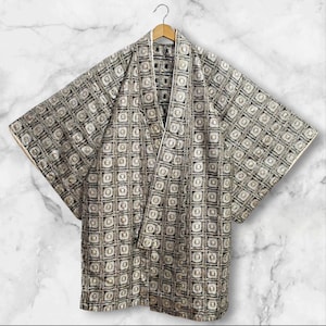 Japanese Kimono Silver Black Abstract Pattern Festival Haori Jacket Noragi Coat Cardigan Kimono Robe Short Sleeve