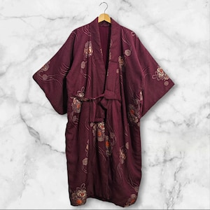 Japanese Kimono Maroon Long Hanten Padded Warm Winter Jacket Noragi Coat Cardigan Kimono Robe Short Sleeve