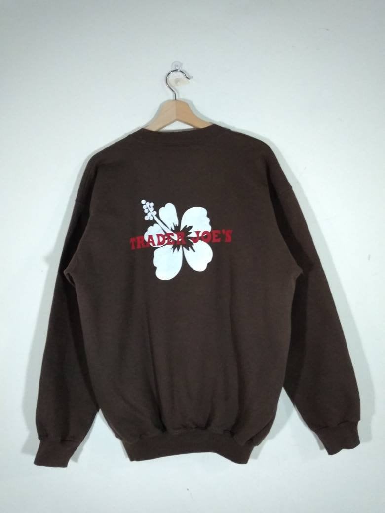 Trader Joe s Hawaiian Hibiscus Big Logo Brown Sweatshirt Sweater Jumper Size M