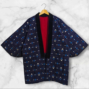 Japanese Kimono Blue Abstract Pattern Hanten Padded Warm Winter Jacket Noragi Coat Cardigan Kimono Robe Short Sleeve